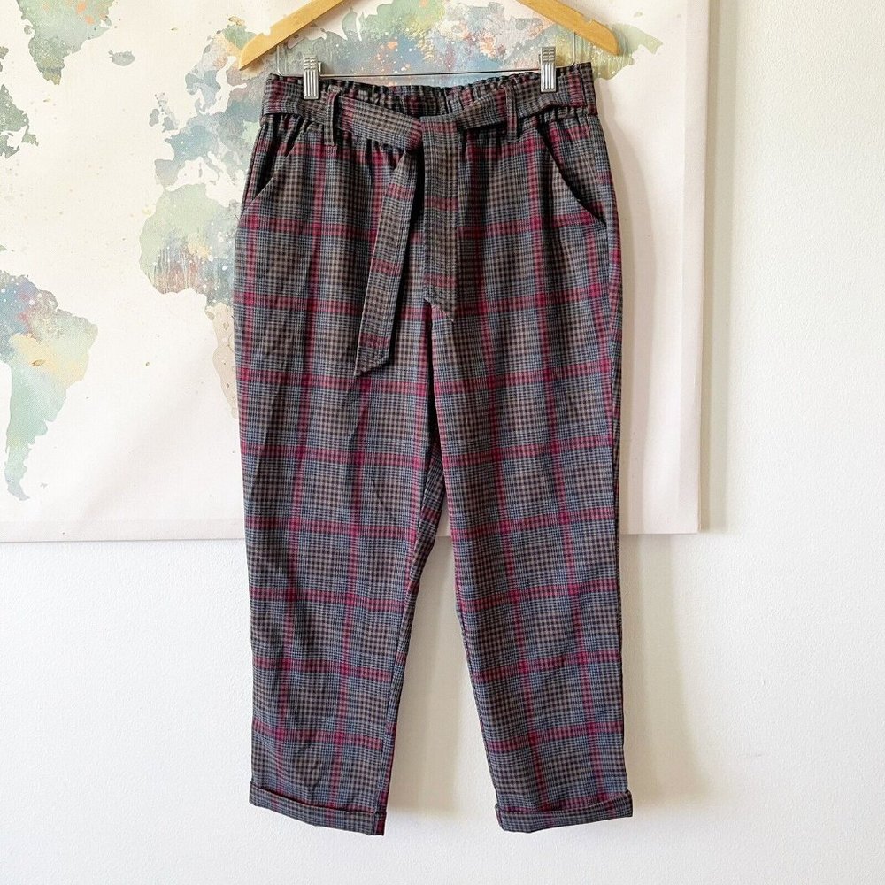 Altar'd State Pants Sz Medium‎ Plaid Trousers Pull On Cuffed Blue Red Tan Belted